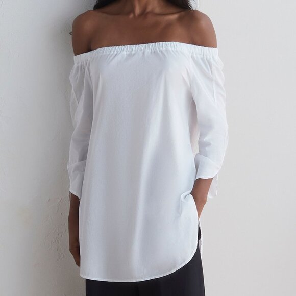 EUROPEAN CULTURE Off the Shoulder White Tunic Dress Size Small - Picture 1 of 12